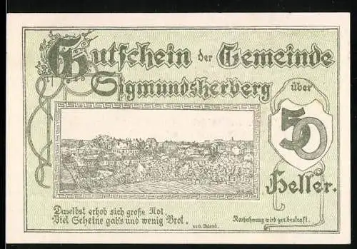 Notgeld Sigmundsherberg 1920, 50 Heller, Stadtansicht und Wappen, Serienbuchstabe A