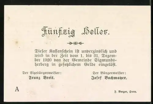 Notgeld Sigmundsherberg 1920, 50 Heller, Stadtansicht und Wappen, Serienbuchstabe A