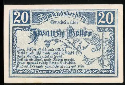 Notgeld Sigmundsherberg 1920, 20 Heller, florales Motiv und Vers, Serienbuchstabe A