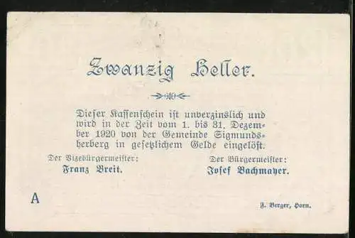 Notgeld Sigmundsherberg 1920, 20 Heller, florales Motiv und Vers, Serienbuchstabe A