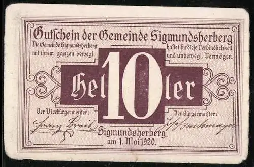 Notgeld Sigmundsherberg 1920, 10 Heller, Gutschein der Gemeinde mit Zinslosigkeitsgarantie