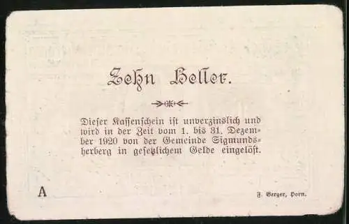 Notgeld Sigmundsherberg 1920, 10 Heller, Gutschein der Gemeinde mit Zinslosigkeitsgarantie