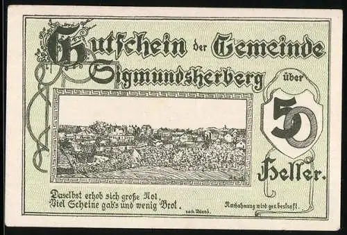 Notgeld Sigmundsherberg 1920, 50 Heller, Stadtansicht, Textpassagen, Unterschriften von Franz Breit und Josef Bachmayer