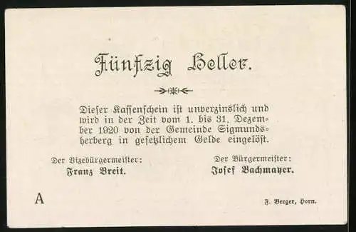 Notgeld Sigmundsherberg 1920, 50 Heller, Stadtansicht, Textpassagen, Unterschriften von Franz Breit und Josef Bachmayer