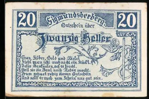 Notgeld Sigmundsherberg 1920, 20 Heller, florales Motiv, Text über Edelmetalle und Banknoten, Serienbuchstabe A