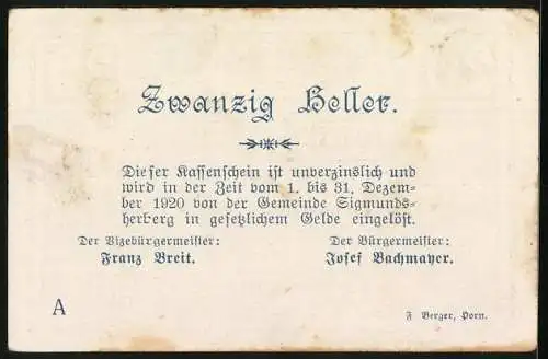 Notgeld Sigmundsherberg 1920, 20 Heller, florales Motiv, Text über Edelmetalle und Banknoten, Serienbuchstabe A