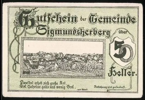 Notgeld Sigmundsherberg 1920, 50 Heller, Stadtansicht mit Spruchband