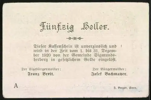 Notgeld Sigmundsherberg 1920, 50 Heller, Stadtansicht mit Spruchband