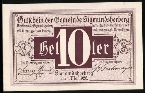 Notgeld Sigmundsherberg 1920, 10 Heller, Gutschein der Gemeinde mit Unterschriften und Verzinslichkeitshinweis