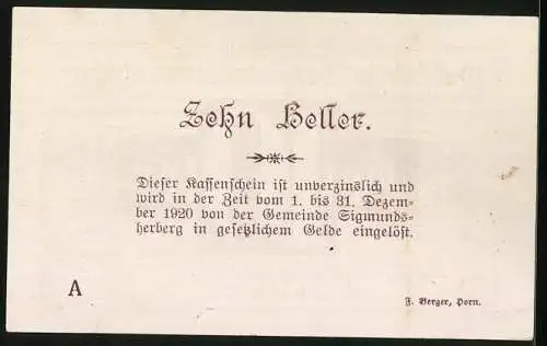 Notgeld Sigmundsherberg 1920, 10 Heller, Gutschein der Gemeinde mit Unterschriften und Verzinslichkeitshinweis