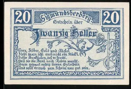 Notgeld Sigmundsherberg 1920, 20 Heller, floral Motiv und Text über Metallarten