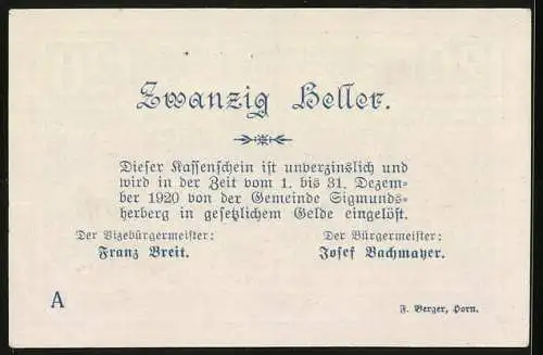 Notgeld Sigmundsherberg 1920, 20 Heller, floral Motiv und Text über Metallarten