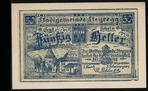 Notgeld Steyregg 1920, 50 Heller, Stadtansicht, Gemeindebeschluss, Gedicht, Wappen