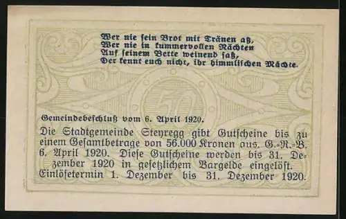 Notgeld Steyregg 1920, 50 Heller, Stadtansicht, Gemeindebeschluss, Gedicht, Wappen