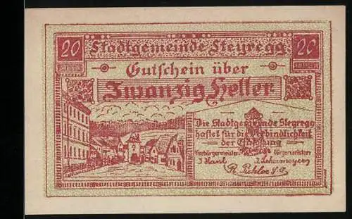 Notgeld Steyregg 1920, 20 Heller, Stadtansicht und Textpassage mit Ornamenten