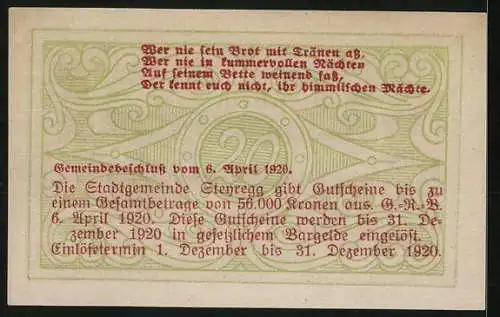 Notgeld Steyregg 1920, 20 Heller, Stadtansicht und Textpassage mit Ornamenten