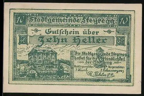 Notgeld Steyregg 1920, 10 Heller, Gebäude mit Text, Beschluss vom 6. April 1920, Einlösefrist bis 31. Dezember 1920