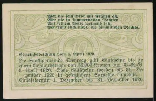 Notgeld Steyregg 1920, 10 Heller, Gebäude mit Text, Beschluss vom 6. April 1920, Einlösefrist bis 31. Dezember 1920