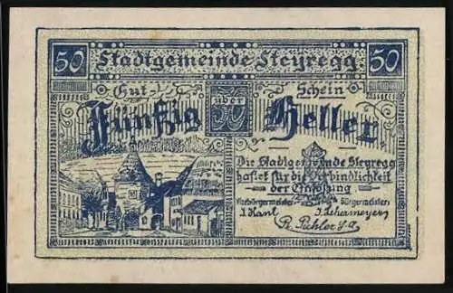 Notgeld Steyregg 1920, 50 Heller, Stadtansicht und poetischer Text, Wappen