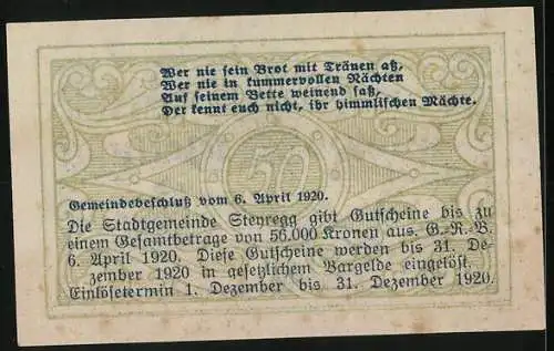 Notgeld Steyregg 1920, 50 Heller, Stadtansicht und poetischer Text, Wappen