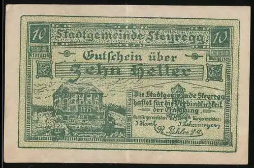 Notgeld Steyregg 1920, 10 Heller, Gebäude mit Text und Verzierungen, Seriennummer fehlt