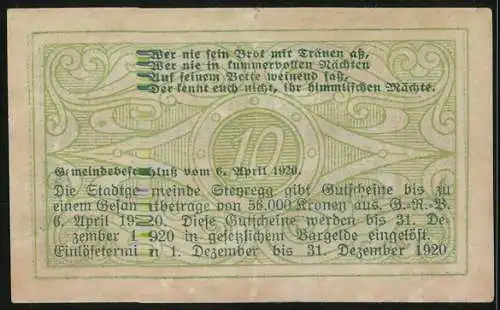 Notgeld Steyregg 1920, 10 Heller, Gebäude mit Text und Verzierungen, Seriennummer fehlt