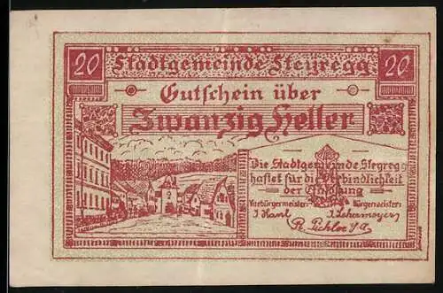 Notgeld Steyregg 1920, 20 Heller, Stadtansicht und lyrische Inschrift