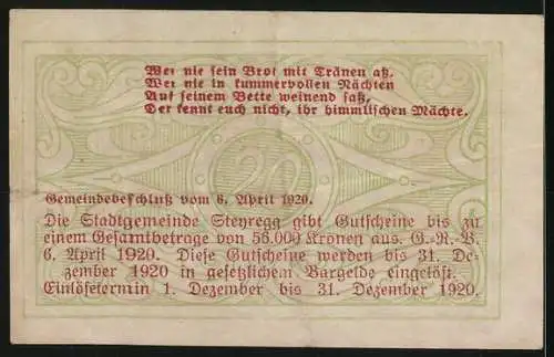 Notgeld Steyregg 1920, 20 Heller, Stadtansicht und lyrische Inschrift