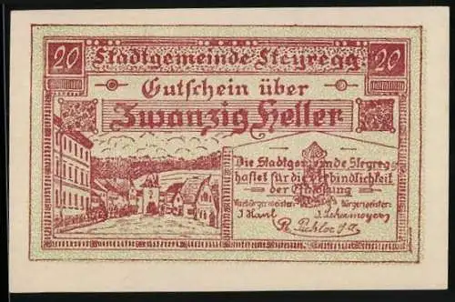 Notgeld Steyregg 1920, 20 Heller, Stadtansicht und poetischer Text, Gemeindebeschluss vom 6. April 1920