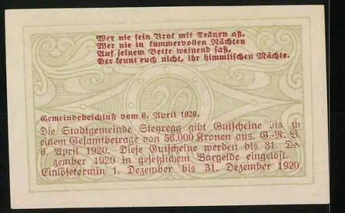 Notgeld Steyregg 1920, 20 Heller, Stadtansicht und poetischer Text, Gemeindebeschluss vom 6. April 1920