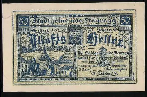 Notgeld Steyregg 1920, 50 Heller, Stadtansicht und Verordnungstext