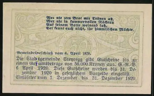 Notgeld Steyregg 1920, 50 Heller, Stadtansicht und Verordnungstext