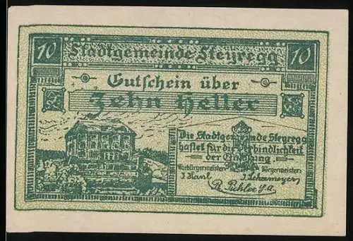 Notgeld Steyregg 1920, 10 Heller, Gebäude mit Schriftzug und Gedicht