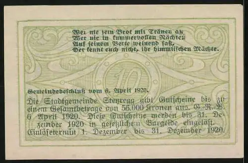 Notgeld Steyregg 1920, 10 Heller, Gebäude mit Schriftzug und Gedicht