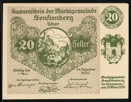 Notgeld Senftenberg 1920, 20 Heller, Burgmotiv mit Wappen und Gedicht, Serie II