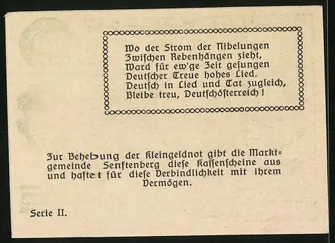 Notgeld Senftenberg 1920, 20 Heller, Burgmotiv mit Wappen und Gedicht, Serie II