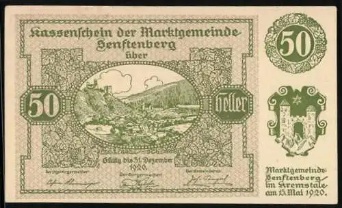 Notgeld Senftenberg 1920, 50 Heller, Ortsansicht und Wappen, Serie II