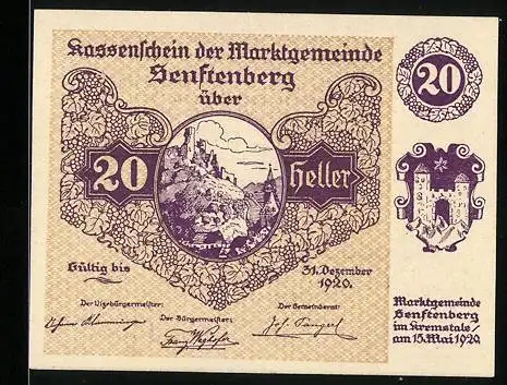 Notgeld Senftenberg 1920, 20 Heller, Burg und Wappen, Gedicht über deutsche Treue