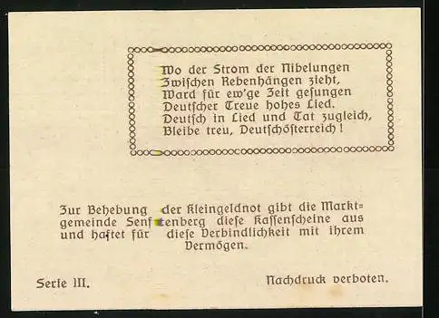 Notgeld Senftenberg 1920, 20 Heller, Burg und Wappen, Gedicht über deutsche Treue