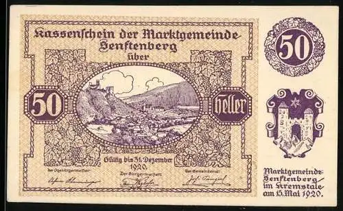 Notgeld Senftenberg 1920, 50 Heller, Burgruine und Landschaftsmotiv, Wappen und Gedicht