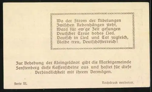 Notgeld Senftenberg 1920, 50 Heller, Burgruine und Landschaftsmotiv, Wappen und Gedicht