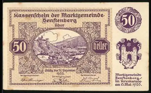 Notgeld Senftenberg 1920, 50 Heller, Landschaftsmotiv und Wappen, Gedicht auf Rückseite