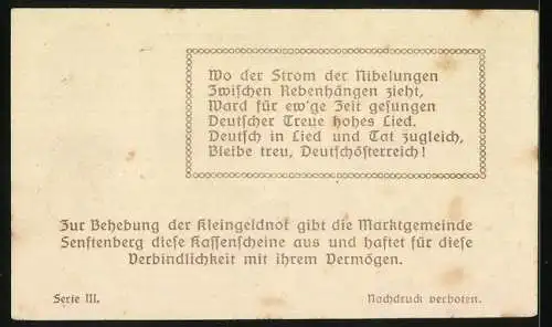 Notgeld Senftenberg 1920, 50 Heller, Landschaftsmotiv und Wappen, Gedicht auf Rückseite