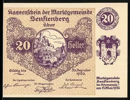 Notgeld Senftenberg 1920, 20 Heller, Burgmotiv und Wappen, Gültig bis 31. Dezember 1920, Serie III