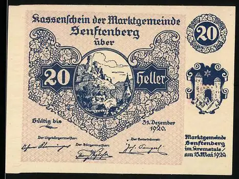 Notgeld Senftenberg 1920, 20 Heller, Landschaftsmotiv und Wappen, Serie V