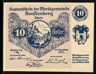 Notgeld Senftenberg 1920, 10 Heller, Burgansicht und Wappen, Serie V, Gültigkeit bis 31. Dezember 1920