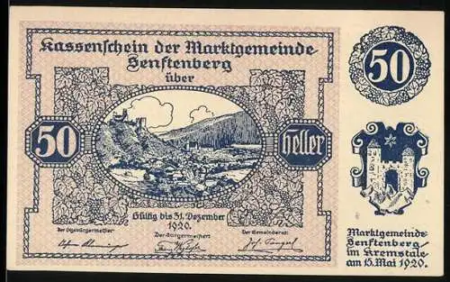 Notgeld Senftenberg 1920, 50 Heller, Burgruine und Talansicht, Wappen und Gedicht