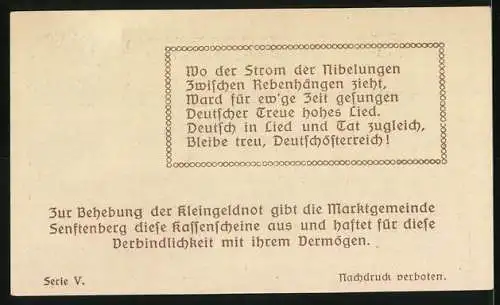 Notgeld Senftenberg 1920, 50 Heller, Burgruine und Talansicht, Wappen und Gedicht