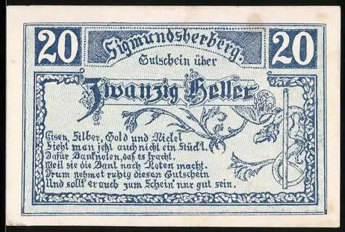 Notgeld Sigmundsherberg 1920, 20 Heller, florale Verzierung und Löwenmotiv