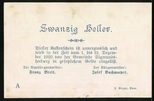 Notgeld Sigmundsherberg 1920, 20 Heller, florale Verzierung und Löwenmotiv